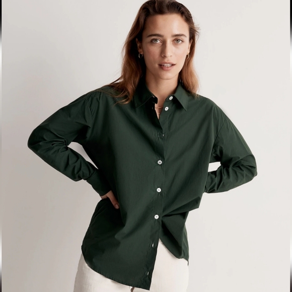 MADEWELL x DONNI Poplin Button-Down Shirt in Deep Forest Green Women's Medium - Picture 2 of 6